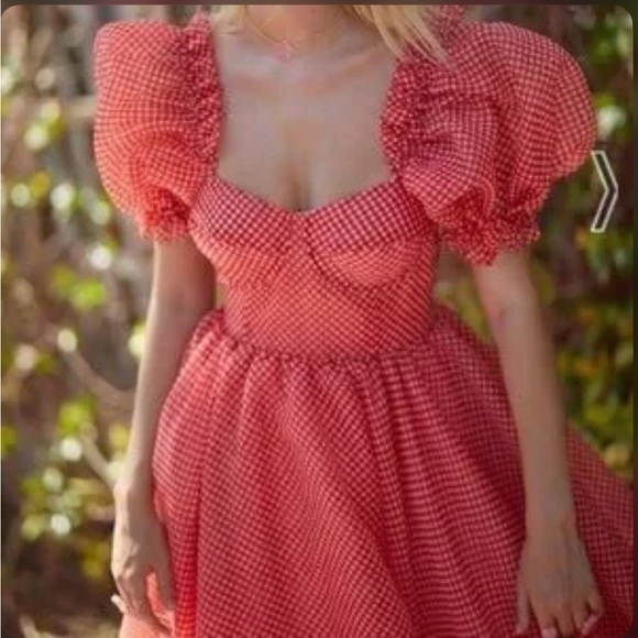 Selkie Red Gingham Puff Sleeve Ritz Gown - Picture 2 of 8